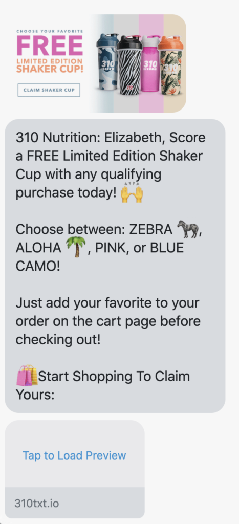 {first_name}, Score a FREE Limited Edition Shaker Cup with any qualifying purchase today! 🙌 Choose between: ZEBRA 🦓, ALOHA 🌴, PINK, or BLUE CAMO! Just add your favorite to your order on the cart page before checking out! 🛍️Start Shopping To Claim Yours: https://310nutrition.com/products/free-limited-edition-shaker?utm_source=rtn_postscript_promo_non&utm_medium=sms&utm_campaign=200412_Motivator_Pick-Your-Shaker