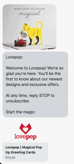 Welcome to {shop_name}! We're so glad you're here. You'll be the first to know about our newest designs and exclusive offers. At any time, reply STOP to unsubscribe. Start the magic: {shop_link}