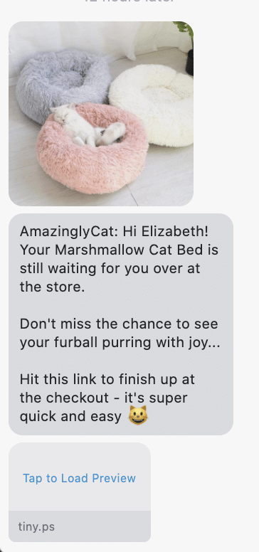 Hi {first_name}! Your Marshmallow Cat Bed is still waiting for you over at the store. Don't miss the chance to see your furball purring with joy... Hit this link to finish up at the checkout - it's super quick and easy 😺