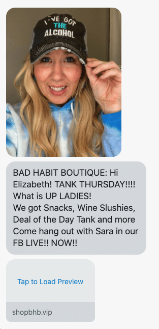 Hi {first_name}! TANK THURSDAY!!!! What is UP LADIES! We got Snacks, Wine Slushies, Deal of the Day Tank and more Come hang out with Sara in our FB LIVE!! NOW!! https://www.facebook.com/groups/SHOPBHB/?epa=SEARCH_BOX