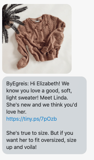 Hi {first_name}! We know you love a good, soft, light sweater! Meet Linda. She's new and we think you'd love her. https://www.byegreis.com/collections/new-arrivals She's true to size. But if you want her to fit oversized, size up and voila!