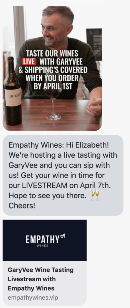 Hi {first_name}! We're hosting a live tasting with GaryVee and you can sip with us! Get your wine in time for our LIVESTREAM on April 7th. Hope to see you there. 🥂Cheers! https://empathywines.com/pages/gvlivestream