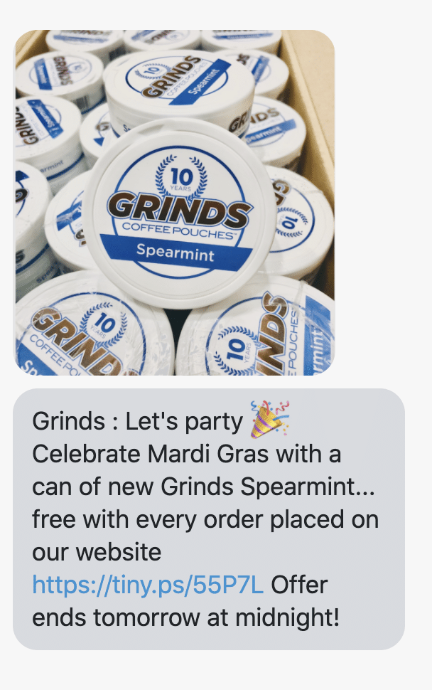 "Let's party 🎉 Celebrate Mardi Gras with a can of new Grinds Spearmint... free with every order placed on our website https://getgrinds.com Offer ends tomorrow at midnight! "