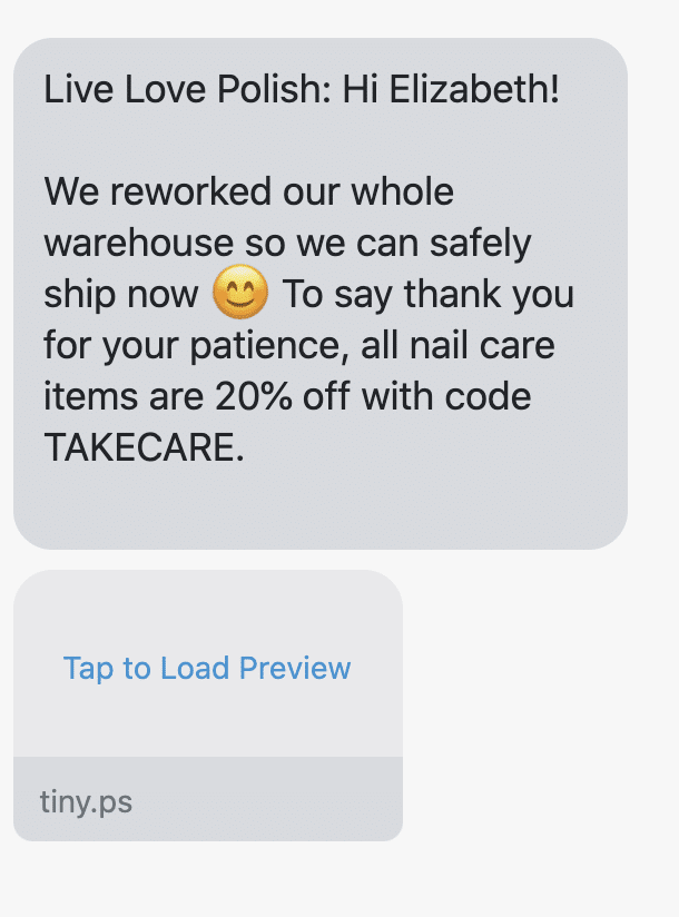 Hi {first_name}! We reworked our whole warehouse so we can safely ship now 😊 To say thank you for your patience, all nail care items are 20% off with code TAKECARE. https://www.livelovepolish.com/discount/TAKECARE?redirect=/collections/nail-essentials