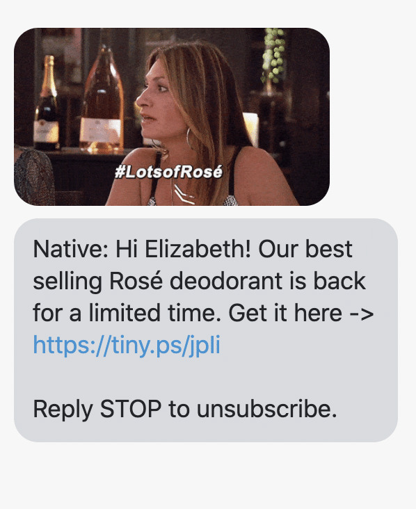 Hi {first_name}! Our best selling Rosé deodorant is back for a limited time. Get it here -> https://www.nativecos.com/products/rose-deo-womens?utm_source=postscript&utm_medium=text Reply STOP to unsubscribe.