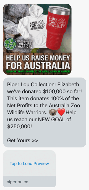 {first_name} we've donated $100,000 so far! This item donates 100% of the Net Profits to the Australia Zoo Wildlife Warriors. 🐨❤️Help us reach our NEW GOAL of $250,000! Get Yours >> https://www.piperloucollection.com/products/100-donation-paws-for-australia-apparel?_pos=2&_sid=b0d89867c&_ss=r&variant=31287583998010
