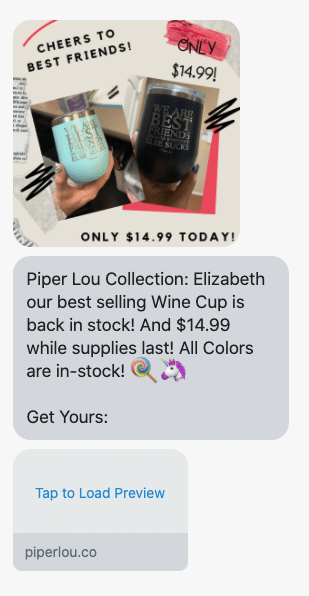 {first_name} our best selling Wine Cup is back in stock! And $14.99 while supplies last! All Colors are in-stock! 🍭🦄 Get Yours: https://www.piperloucollection.com/collections/wine-cups/products/we-are-best-friends-because-everyone-else-sucks-stemless-wine-cup