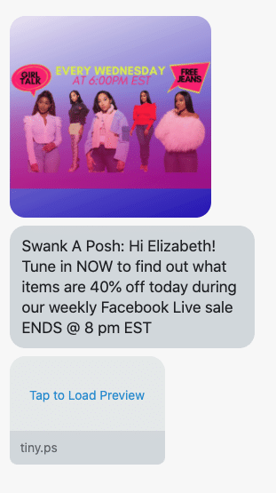 Hi {first_name}! Tune in NOW to find out what items are 40% off today during our weekly Facebook Live sale ENDS @ 8 pm EST https://www.facebook.com/SwankAPosh/