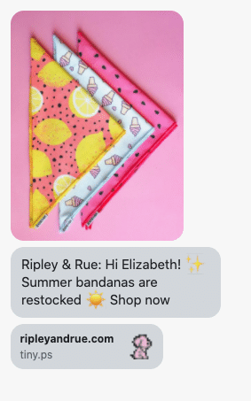 {shop_name}: Hi {first_name}! ✨ Summer bandanas are restocked ☀️ Shop now https://ripleyandrue.com/collections/dog-bandanas