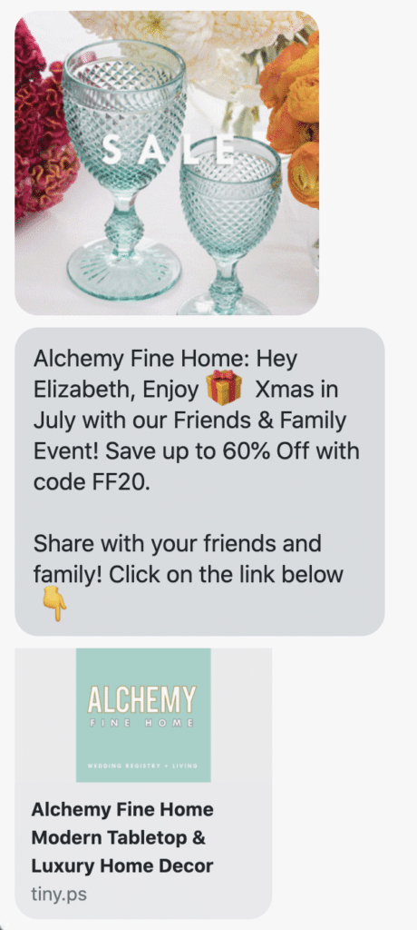 Hey {first_name}, Enjoy 🎁 Xmas in July with our Friends & Family Event! Save up to 60% Off with code FF20. Share with your friends and family! Click on the link below👇