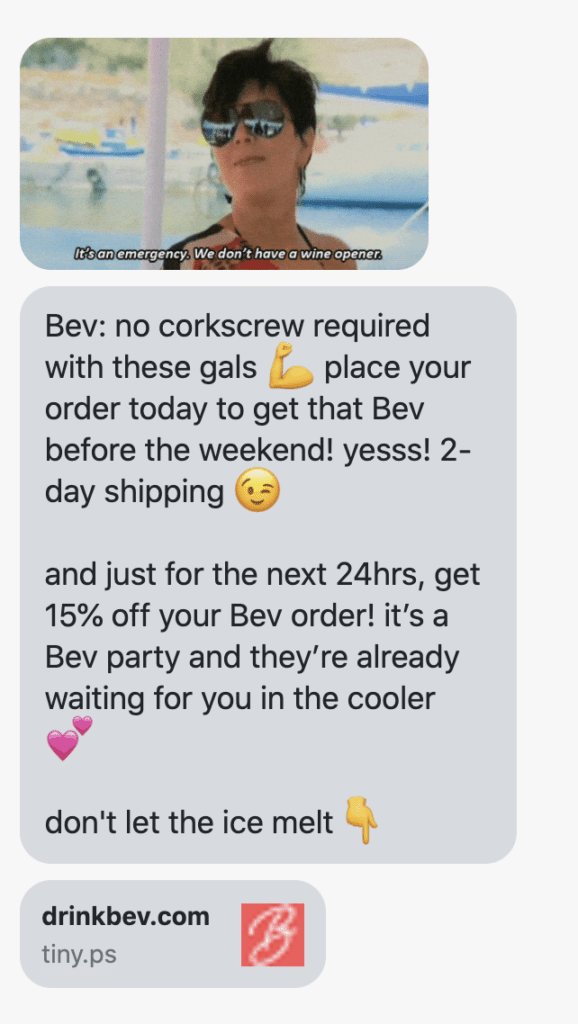 no corkscrew required with these gals 💪 place your order today to get that Bev before the weekend! yesss! 2-day shipping 😉 and just for the next 24hrs, get 15% off your Bev order! it’s a Bev party and they’re already waiting for you in the cooler 💕 don't let the ice melt👇 https://drinkbev.com/cart/32088206803041:1?discount=BEVWKND