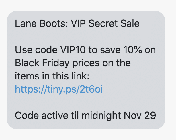 VIP Secret Sale Use code VIP10 to save 10% on Black Friday prices on the items in this link: https://laneboots.com/collections/b2f0c1m9 Code active til midnight Nov 29