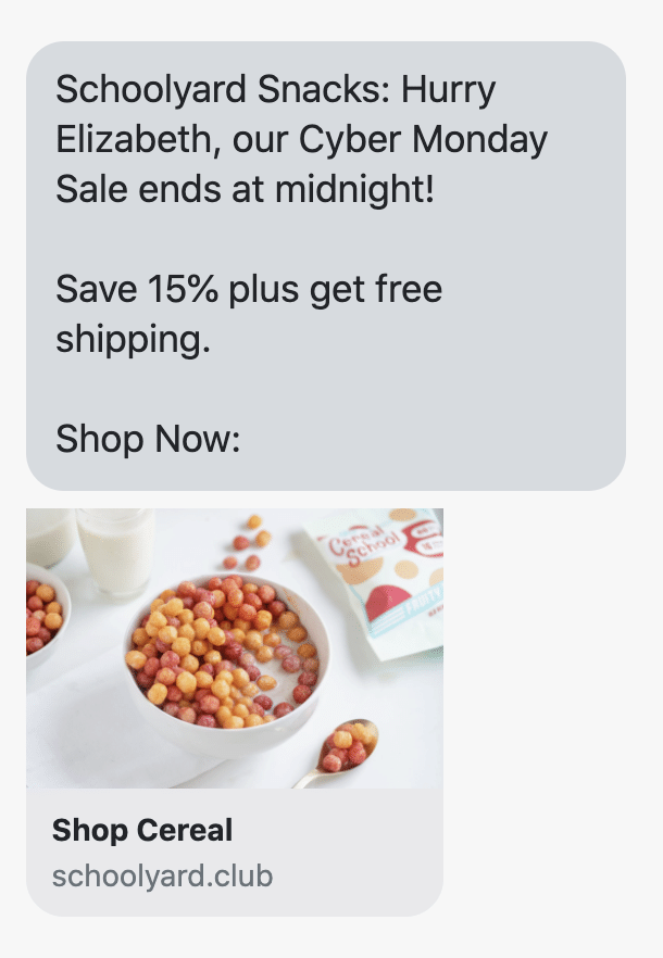 Hurry {first_name}, our Cyber Monday Sale ends at midnight! Save 15% plus get free shipping. Shop Now: